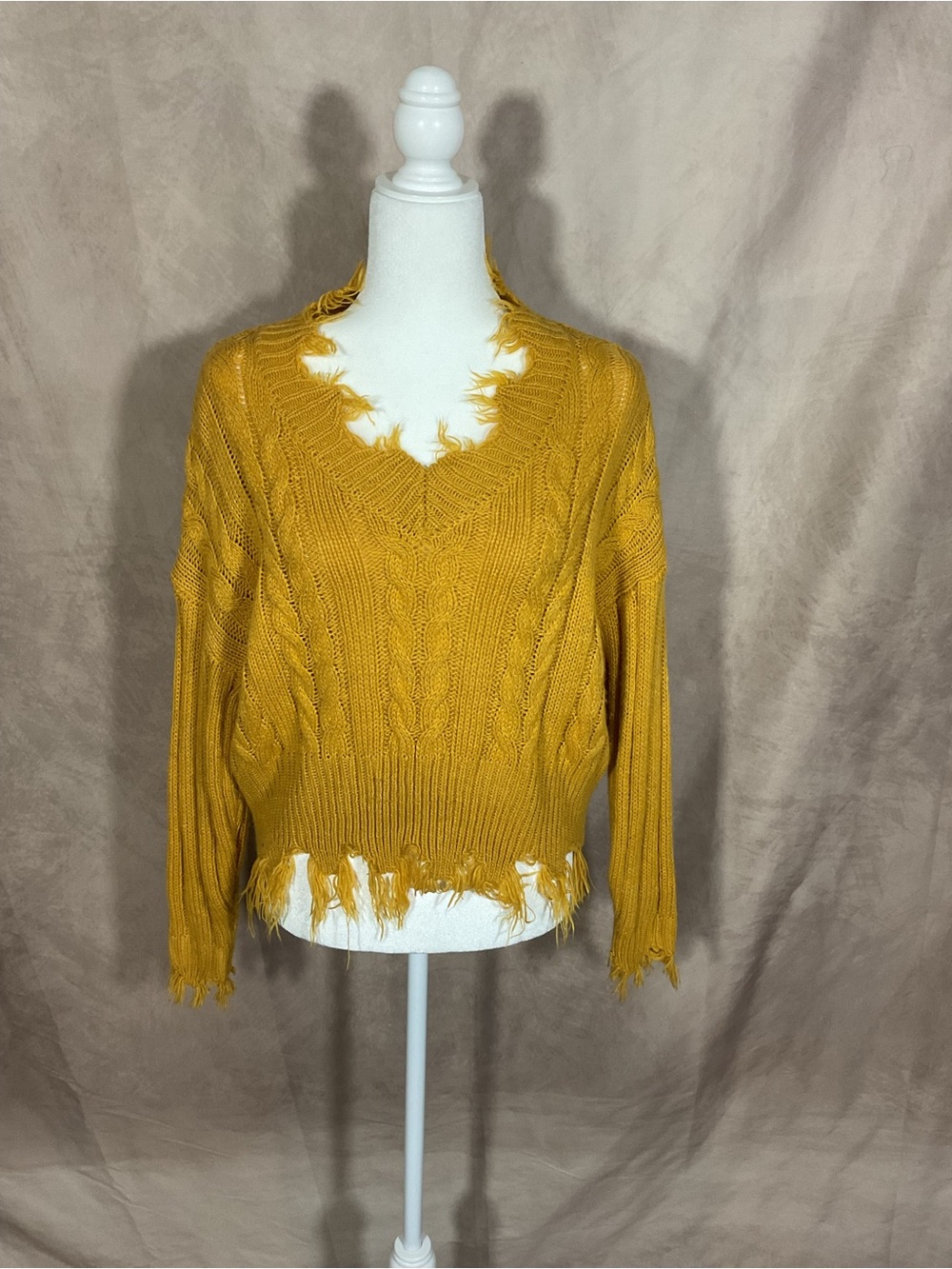Rewind Mustard Yellow Distressed Cable-Knit V-Neck Sweater